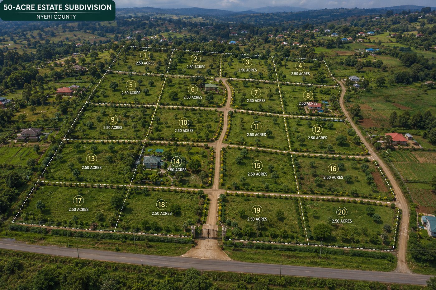 Aerial view of a 50-acre estate subdivision project in Nyeri County